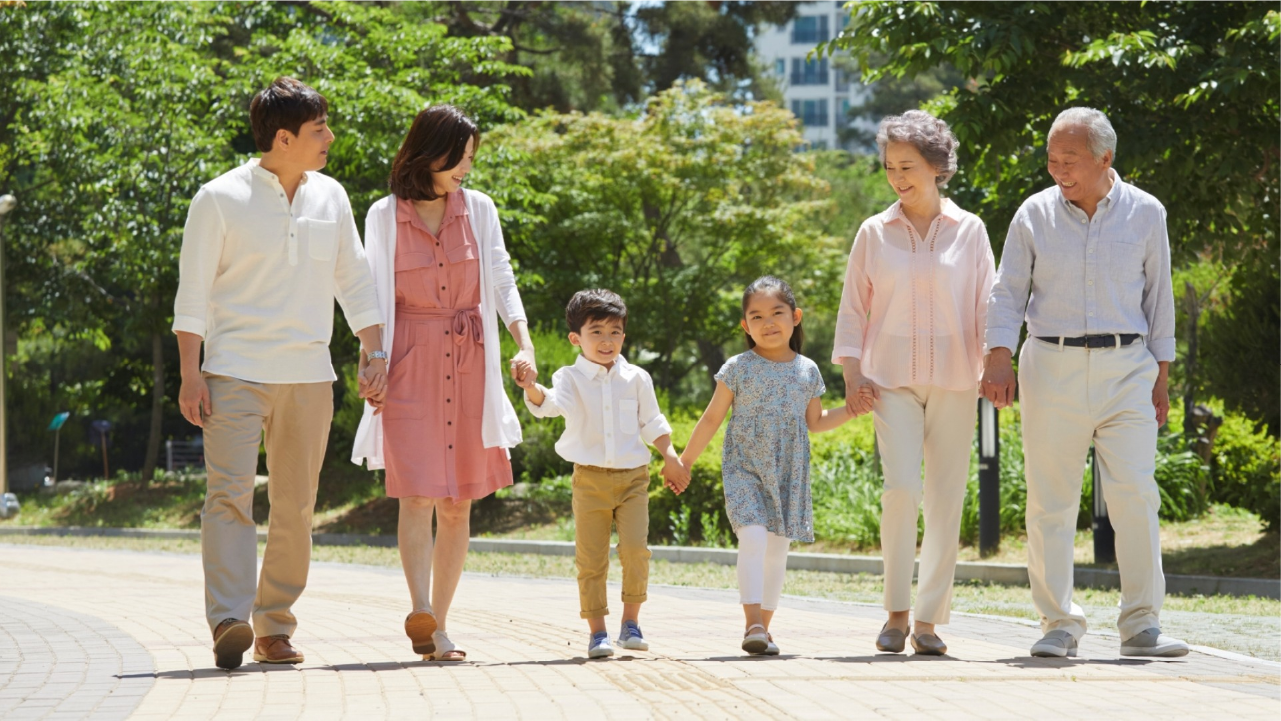 Family walking in park